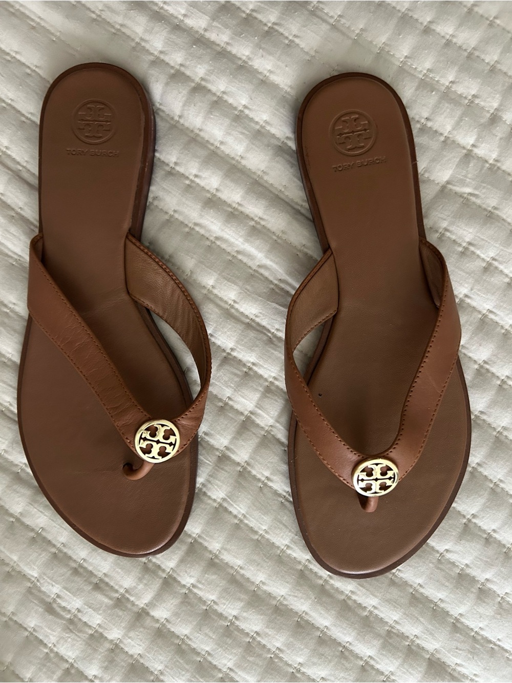 Tory Burch Brown Leather Logo Thong Sandals with Gold Emblem